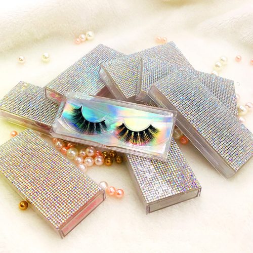 rhinestone rectangular lash box case with holographic paper
